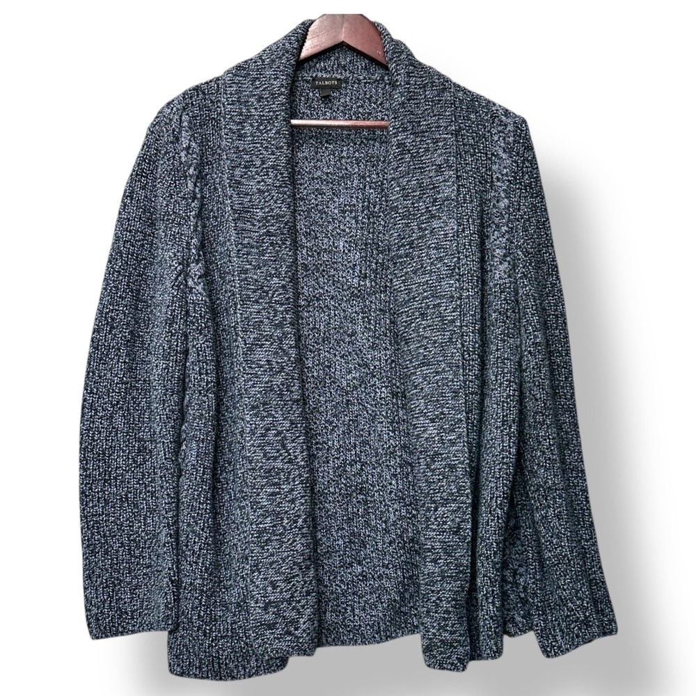 Talbots‎ Women Open Front Marled Knit Cotton Cardigan XL Blue Gray Capsule Cozy